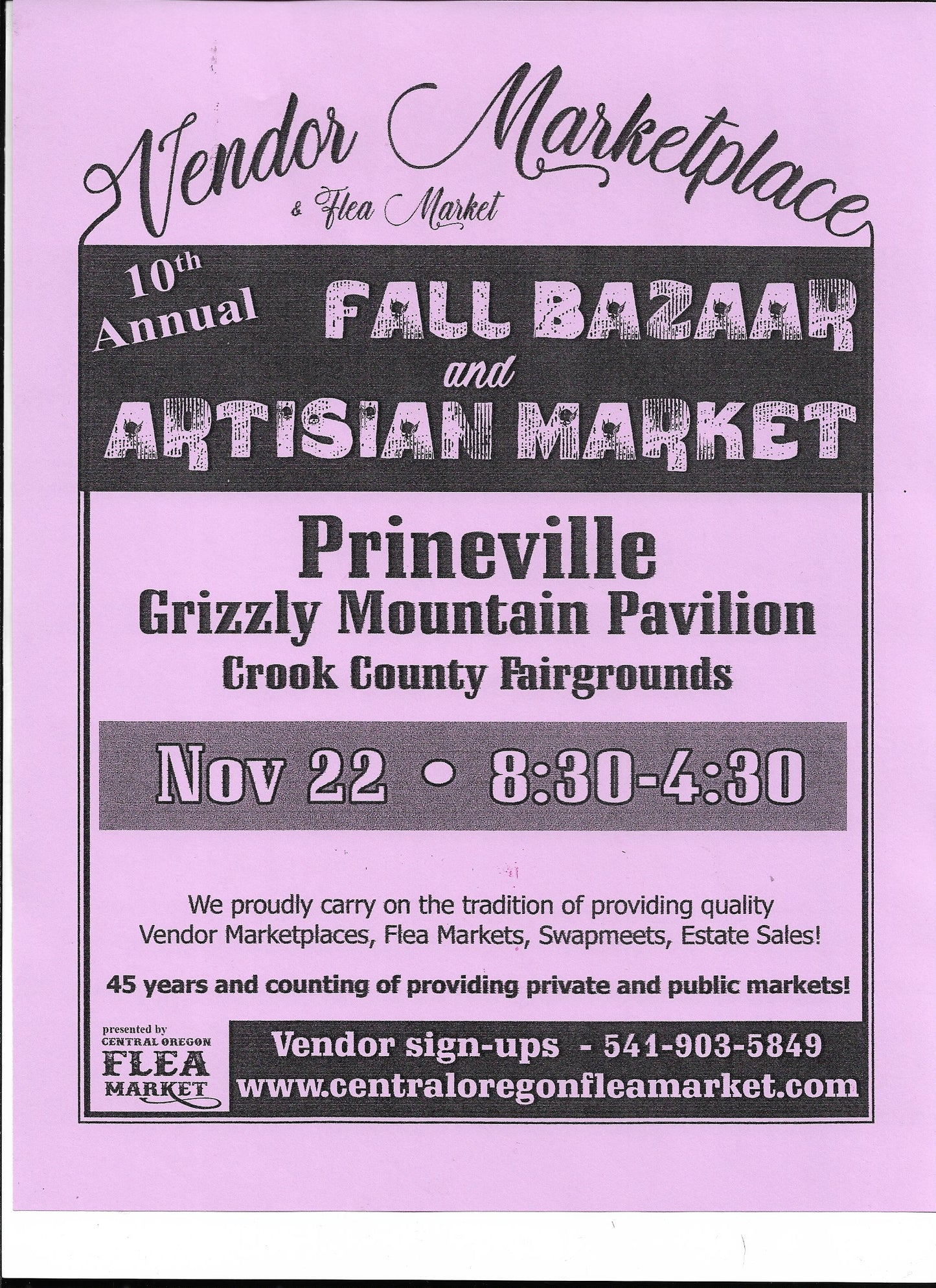 Prineville -VENDOR SPACE SOLD OUT FALL 10TH ANNUAL VENDORS MARKETPLACE AND FLEA MARKET NOV. 22 2026