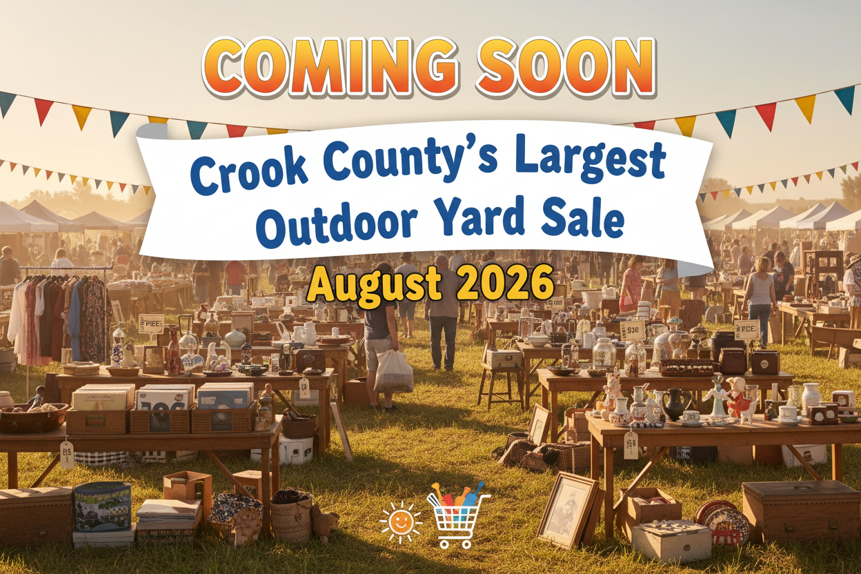 I need a coming soon image for an event in August 2026. The even is Crook County's Largest Outdoor Yard Sale.
